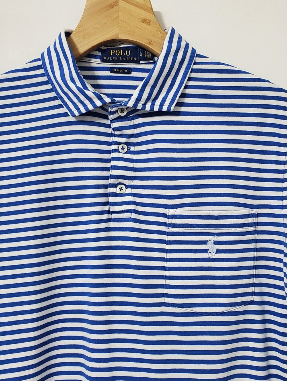 POLO Ralph Lauren Pocket Polo Shirt Blue Striped Classic Fit Mens Large